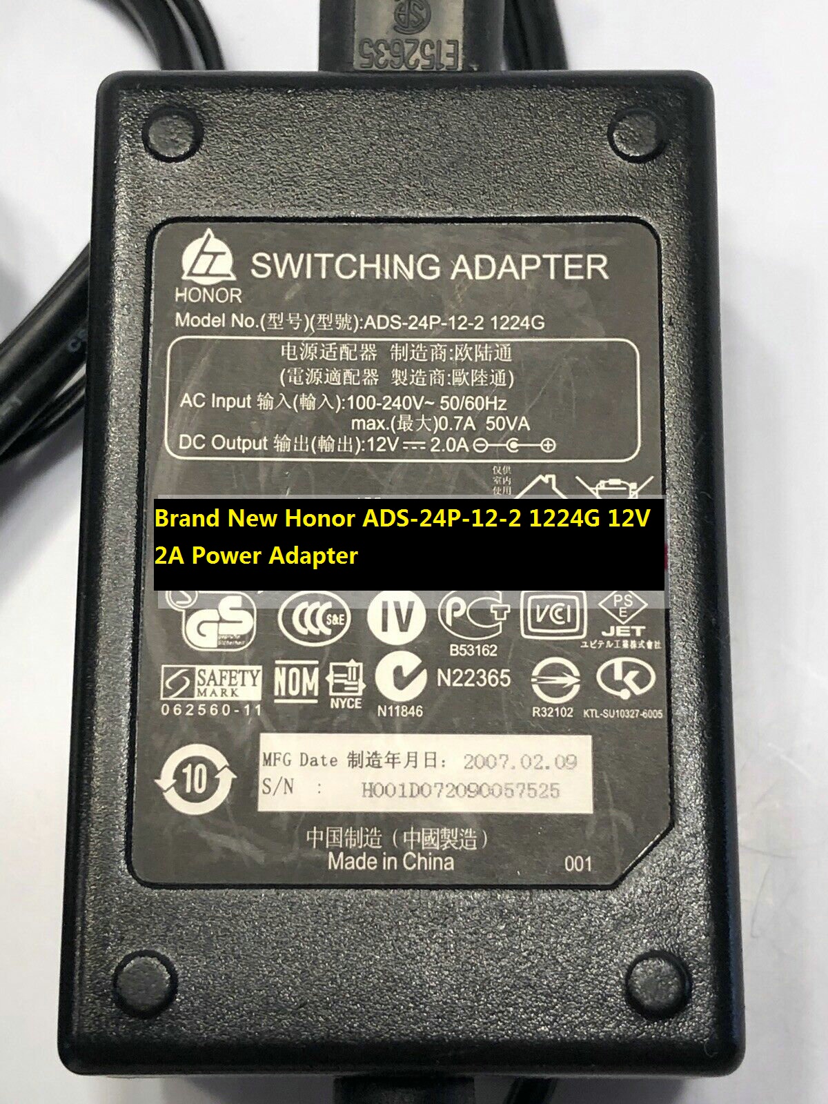 Brand New 12V 2A Power Adapter Honor ADS-24P-12-2 1224G ac adapter APD DA-24B12 LCD monitor 5.5*2.5mm